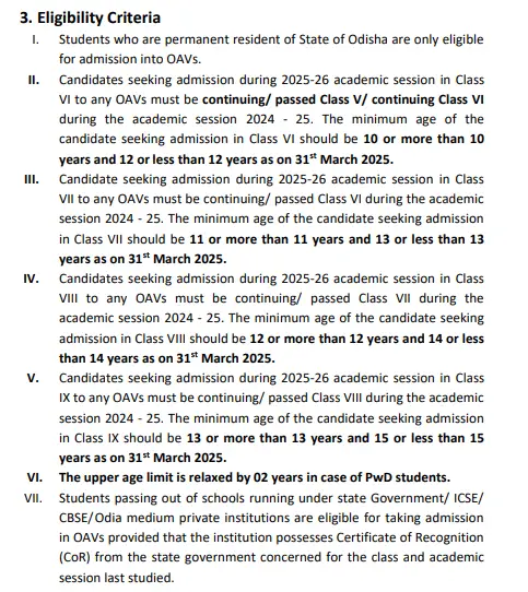 Eligibility Criteria For Odisha Adarsha Vidyalaya Admission 2025-26 