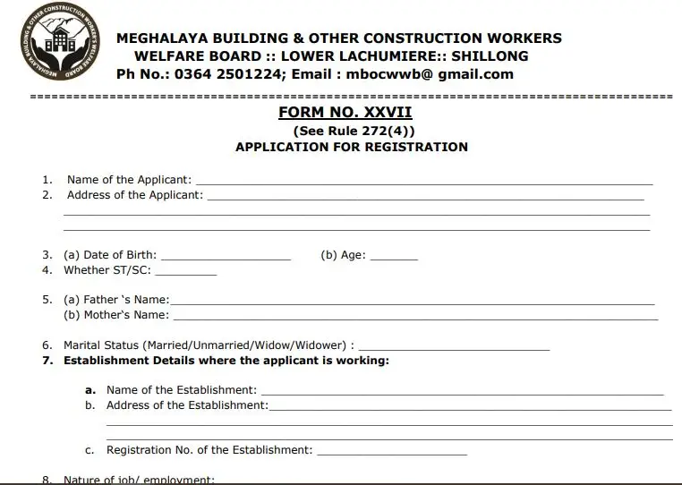 Meghalaya Labour Card Form PDF Download: BOCW Labour Card Form PDF Meghalaya