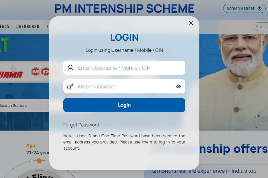 PM internship mca gov in login