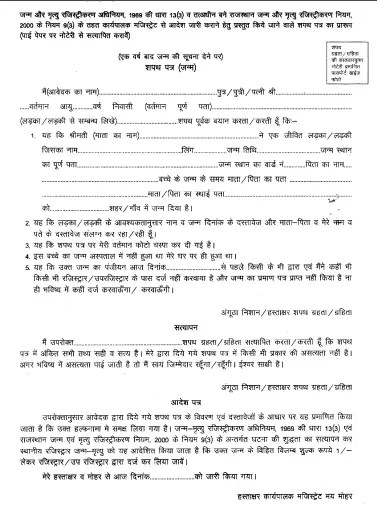 Rajasthan Birth Certificate Form PDF Download In Hindi