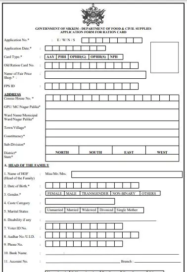 Sikkim Ration Card Application Form: Sikkim Ration Card Form PDF Download