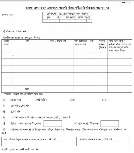 West Bengal NREGA Job Card Application Form PDF