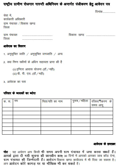 Rajasthan Nrega Job Card Application Form PDF Download